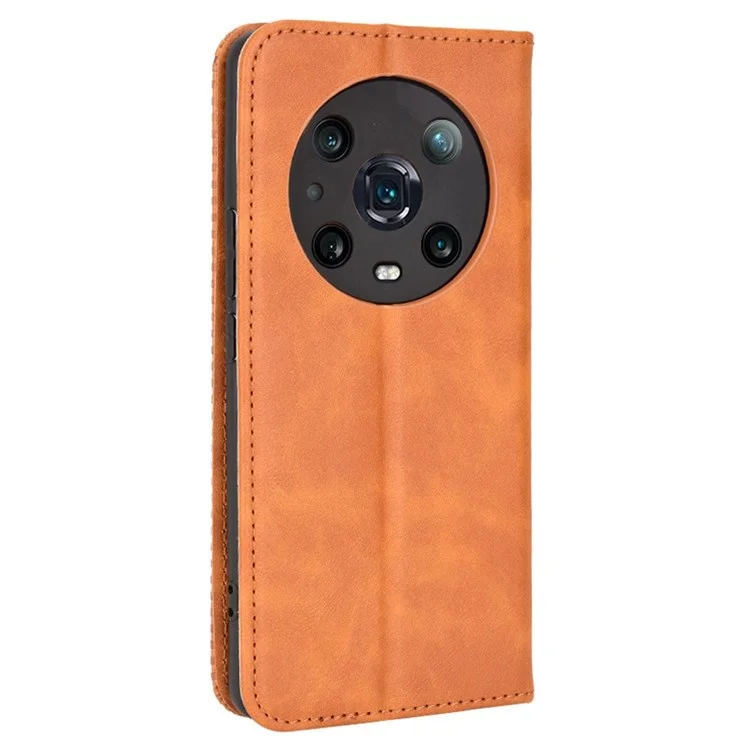 For Honor Magic4 Pro Vintage Capa de celular de couro PU magnética com suporte, resistente a choques, proteção total - Marrom 