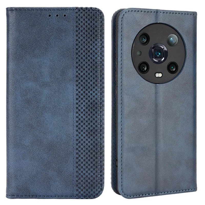 Til Honor Magic4 Pro Vintage PU Læder Magnetisk Auto-tiltrækkende Flip Cover Wallet Ståplads Stødfast Helt Dækkende Beskyttende Telefon Case - Blå