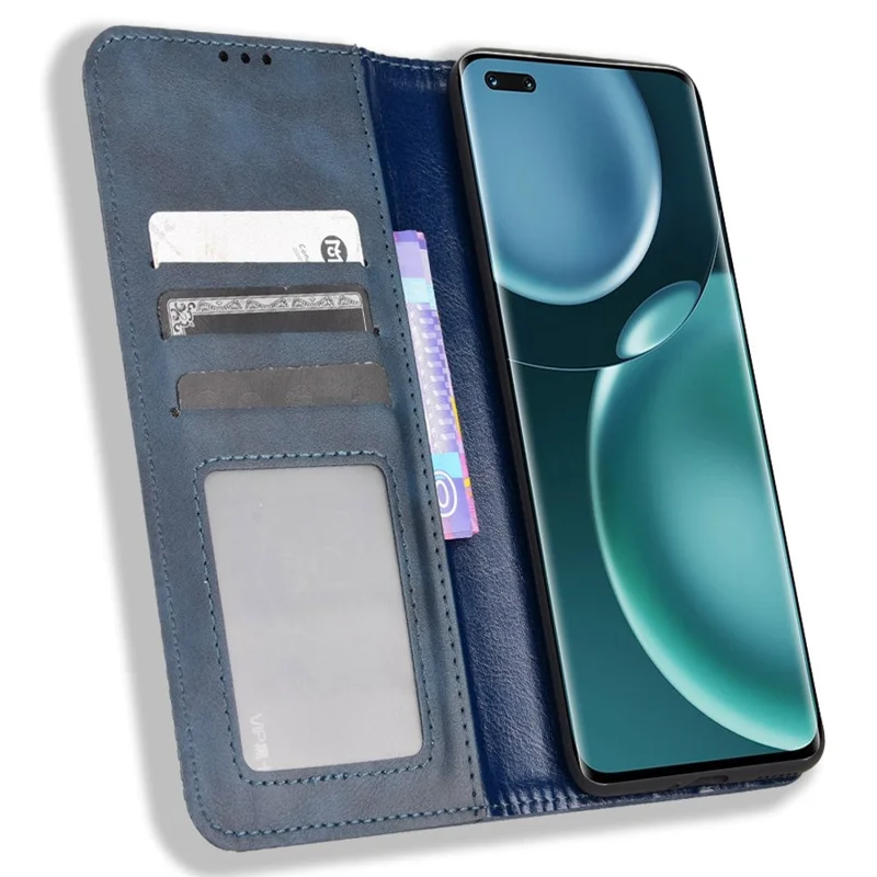 Til Honor Magic4 Pro Vintage PU Læder Magnetisk Auto-tiltrækkende Flip Cover Wallet Ståplads Stødfast Helt Dækkende Beskyttende Telefon Case - Blå
