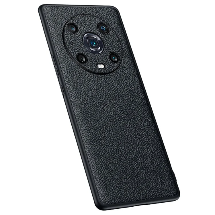 For Honor Magic4 Pro Litchi Texture Non-Slip Case Genuine Cowhide Leather Coated TPU Precise Cutouts Cover - Schwarz