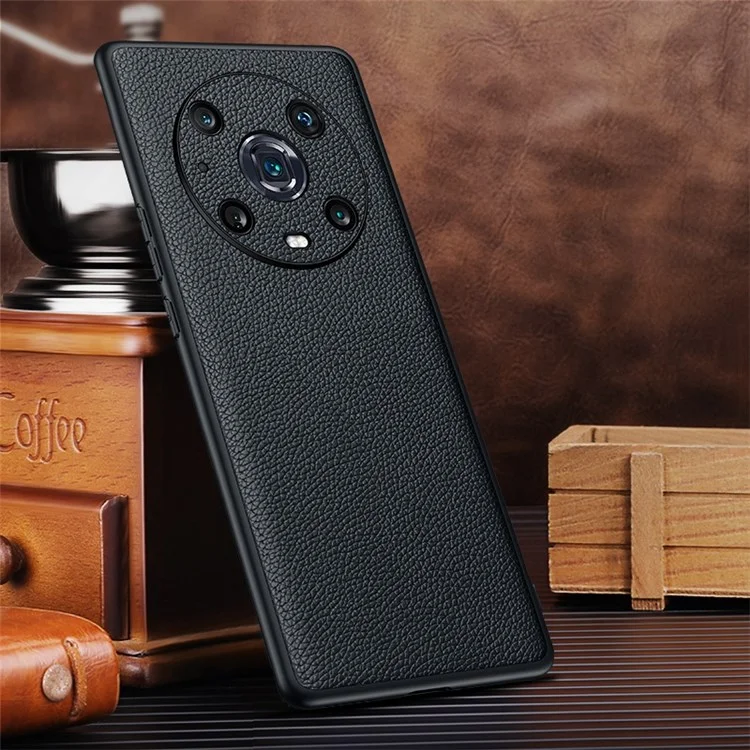 For Honor Magic4 Pro Litchi Texture Non-Slip Case Genuine Cowhide Leather Coated TPU Precise Cutouts Cover - Schwarz