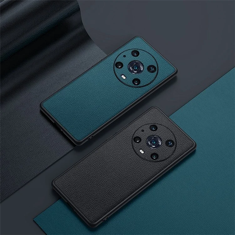 For Honor Magic4 Pro Litchi Texture Non-Slip Case Genuine Cowhide Leather Coated TPU Precise Cutouts Cover - Schwarz