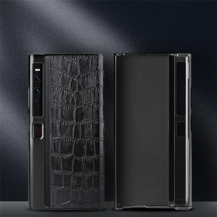 For Huawei Mate Xs 2 Crocodile Texture Phone Case Genuine Cowhide Leather Coated TPU Folding Screen Protective Back Shell - Black