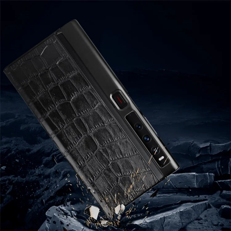 Pour Huawei Mate Xs 2 Coque de téléphone en cuir véritable de vache à texture crocodile Étui de protection d'écran pliable en TPU - Noir
