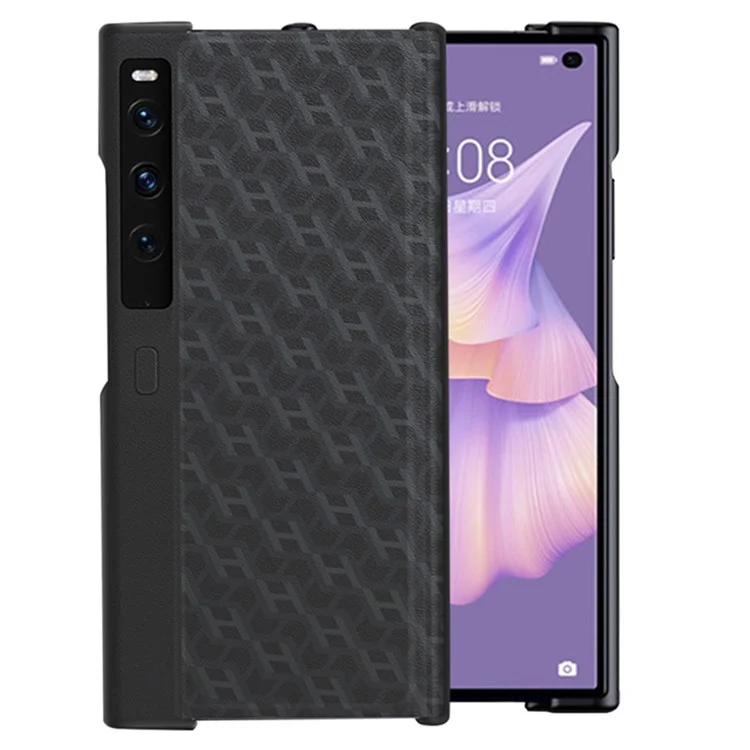 For Huawei Mate Xs 2 PU Leather Coated Hard PC Phone Case H Textured Scratch Resistant Kickstand Cover - Black