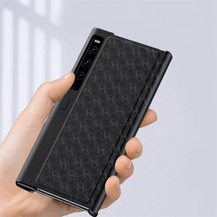 For Huawei Mate Xs 2 PU Leather Coated Hard PC Phone Case H Textured Scratch Resistant Kickstand Cover - Black