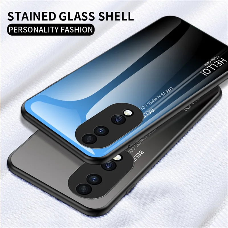 For Honor 70 5G Slim Gradient Phone Case Tempered Glass+Hard PC Back Soft TPU Frame Shock Resistant Protective Cover - Black