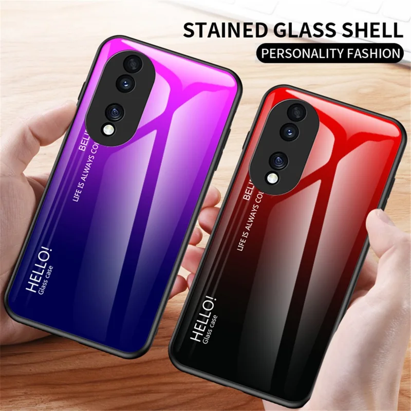 For Honor 70 5G Slim Gradient Phone Case Tempered Glass+Hard PC Back Soft TPU Frame Shock Resistant Protective Cover - Gradient Pink Purple