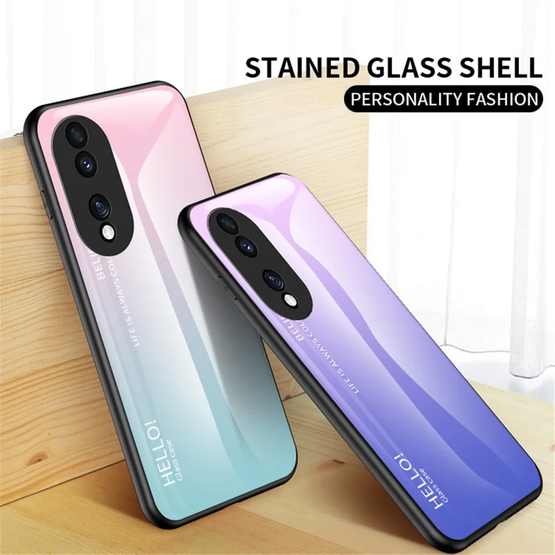 For Honor 70 5G Slim Gradient Phone Case Tempered Glass+Hard PC Back Soft TPU Frame Shock Resistant Protective Cover - Gradient Pink Purple
