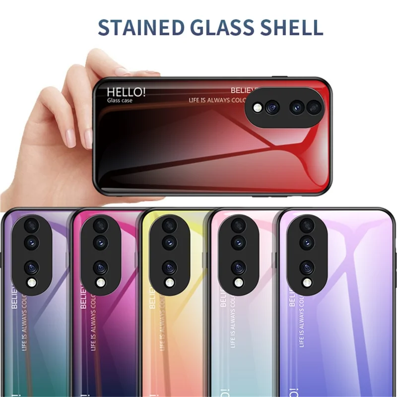 For Honor 70 5G Slim Gradient Phone Case Tempered Glass+Hard PC Back Soft TPU Frame Shock Resistant Protective Cover - Gradient Pink Purple