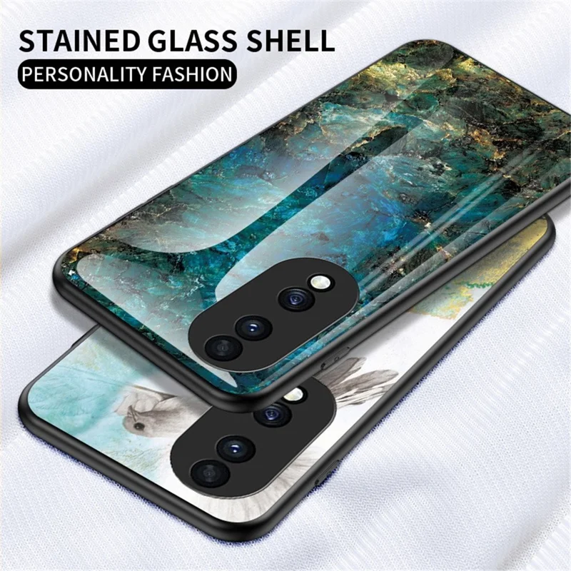 For Honor 70 5G Slim Marble Pattern Tempered Glass + PC + TPU Hybrid Drop-proof Cover - Emerald Marble