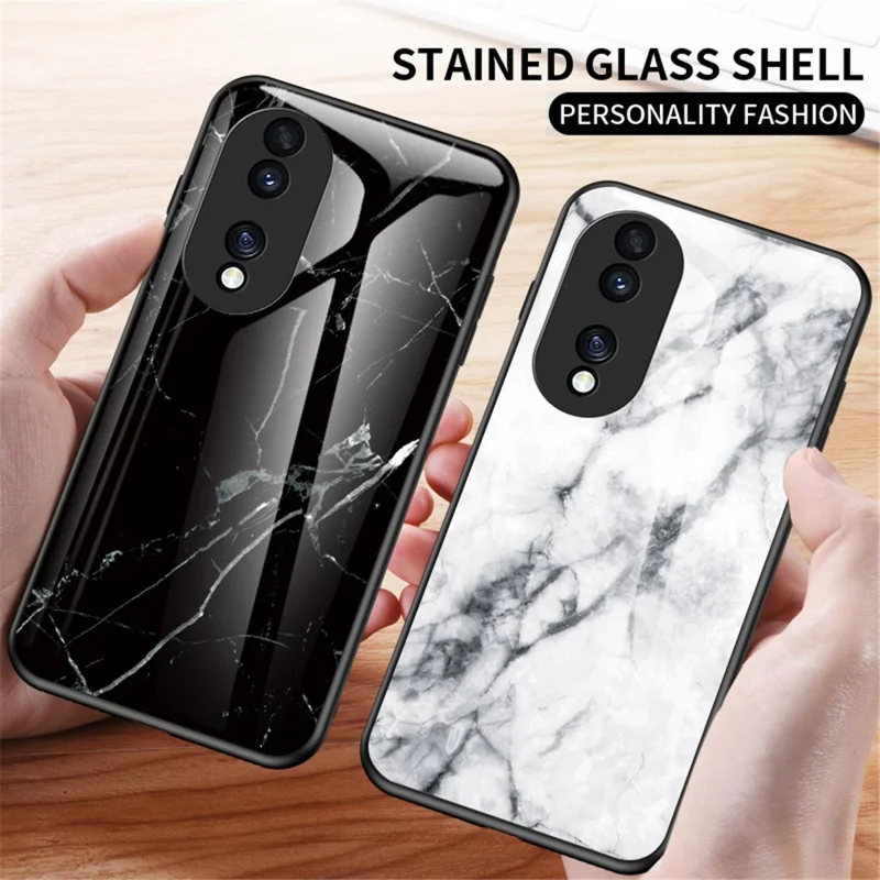 For Honor 70 5G Slim Marble Pattern Tempered Glass + PC + TPU Hybrid Drop-proof Cover - Emerald Marble