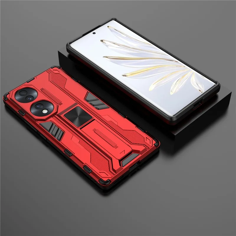 For Honor 70 5G Phone Case Kickstand Hard PC Soft TPU Dual Layer Anti-Slip Rugged Protective Cover - Red