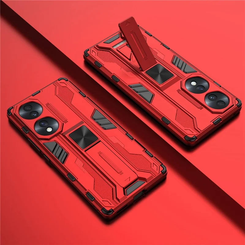 For Honor 70 5G Phone Case Kickstand Hard PC Soft TPU Dual Layer Anti-Slip Rugged Protective Cover - Red