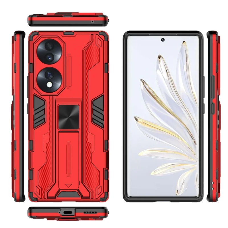 For Honor 70 5G Phone Case Kickstand Hard PC Soft TPU Dual Layer Anti-Slip Rugged Protective Cover - Red
