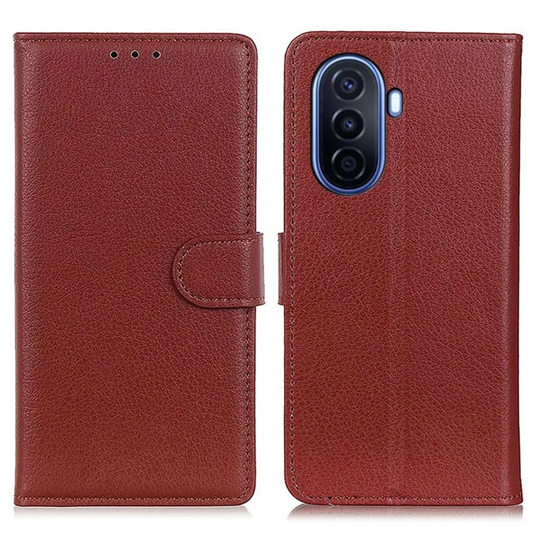 Para Huawei Nova Y70 4G/Y70 Plus 4G Litchi Texture Texture Capa de Capa de Calaro PU PU Stan Chumpe - Castanho