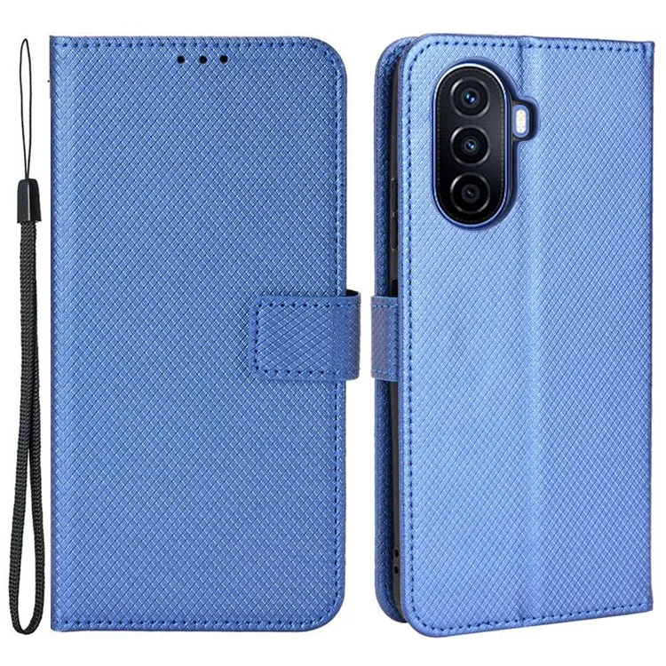 Estuche de Textura de Diamante para Huawei nova Y70 4G/nova Y70 Plus 4G, Funda Protectora de Teléfono de Piel Anti-desgaste con Soporte y Correa - Azul