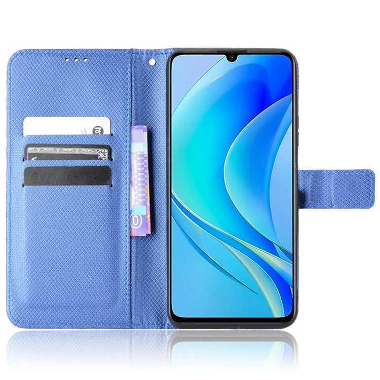 Estuche de Textura de Diamante para Huawei nova Y70 4G/nova Y70 Plus 4G, Funda Protectora de Teléfono de Piel Anti-desgaste con Soporte y Correa - Azul