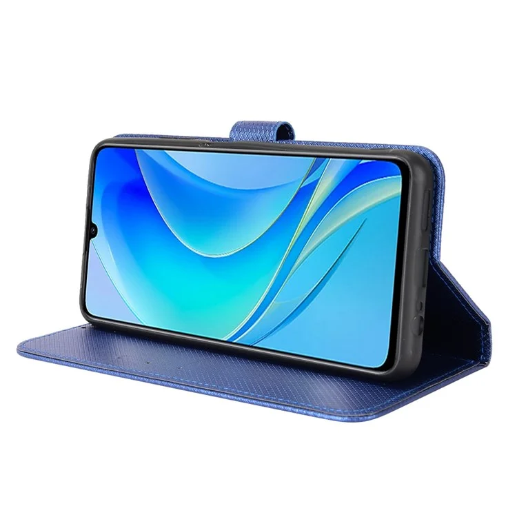 Estuche de Textura de Diamante para Huawei nova Y70 4G/nova Y70 Plus 4G, Funda Protectora de Teléfono de Piel Anti-desgaste con Soporte y Correa - Azul