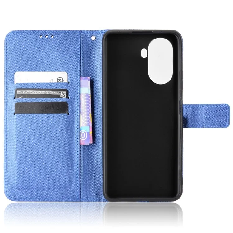 Estuche de Textura de Diamante para Huawei nova Y70 4G/nova Y70 Plus 4G, Funda Protectora de Teléfono de Piel Anti-desgaste con Soporte y Correa - Azul