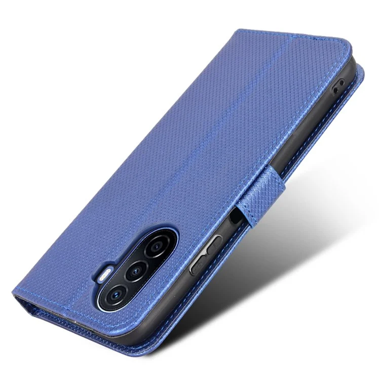 Estuche de Textura de Diamante para Huawei nova Y70 4G/nova Y70 Plus 4G, Funda Protectora de Teléfono de Piel Anti-desgaste con Soporte y Correa - Azul