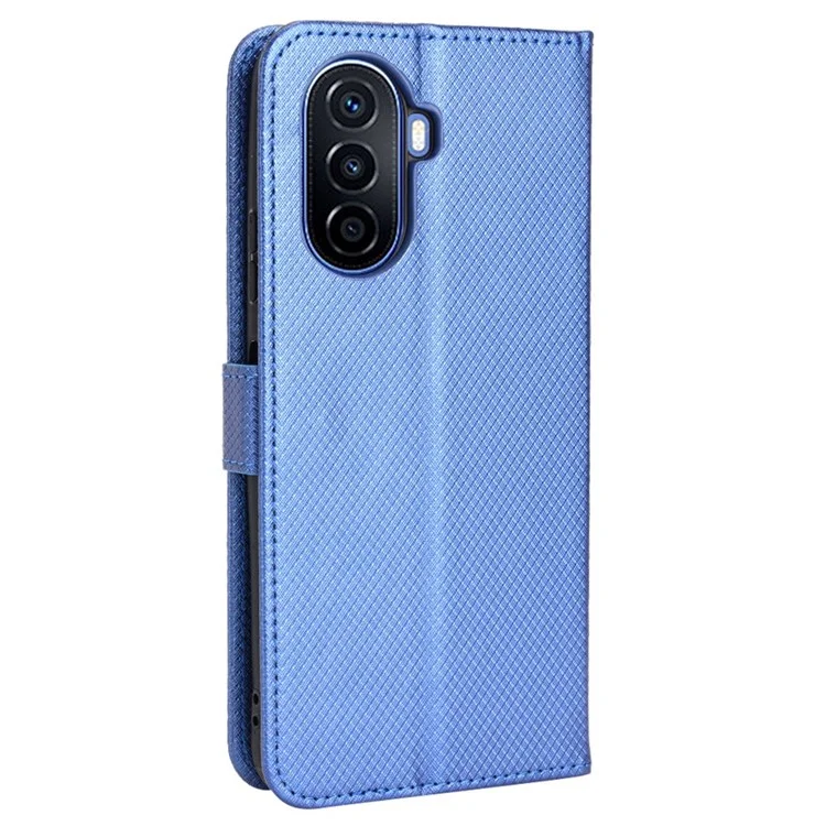 Estuche de Textura de Diamante para Huawei nova Y70 4G/nova Y70 Plus 4G, Funda Protectora de Teléfono de Piel Anti-desgaste con Soporte y Correa - Azul