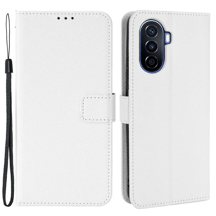Capa de Textura de Diamante para Huawei nova Y70 4G/nova Y70 Plus 4G, Carteira Protetora de Couro Anti-desgaste com Alça - Branco