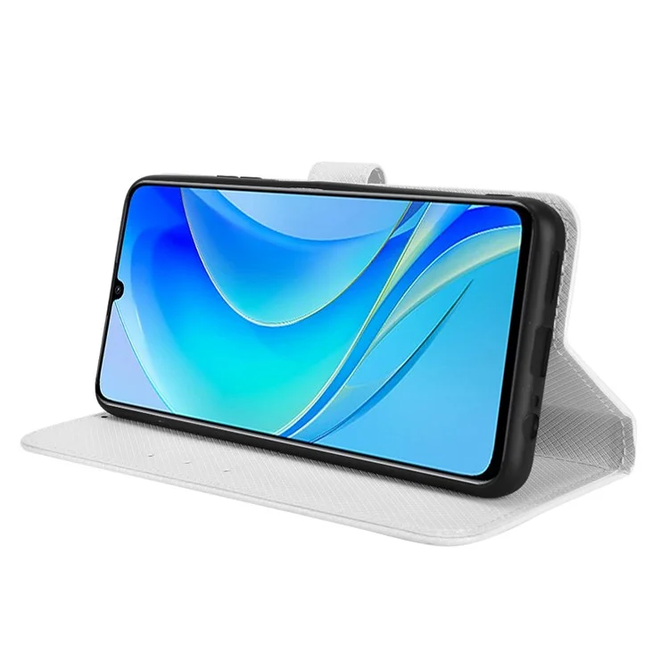 Capa de Textura de Diamante para Huawei nova Y70 4G/nova Y70 Plus 4G, Carteira Protetora de Couro Anti-desgaste com Alça - Branco