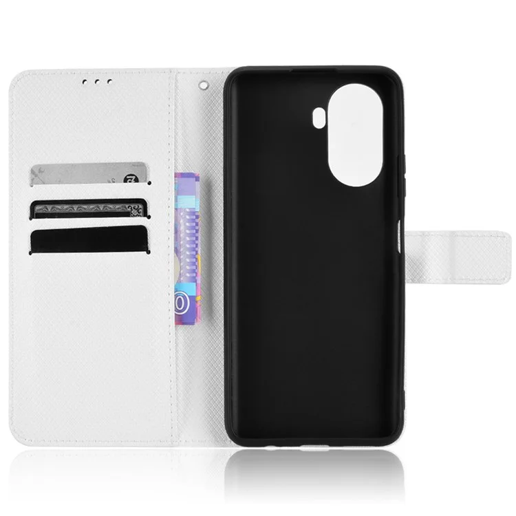 Capa de Textura de Diamante para Huawei nova Y70 4G/nova Y70 Plus 4G, Carteira Protetora de Couro Anti-desgaste com Alça - Branco