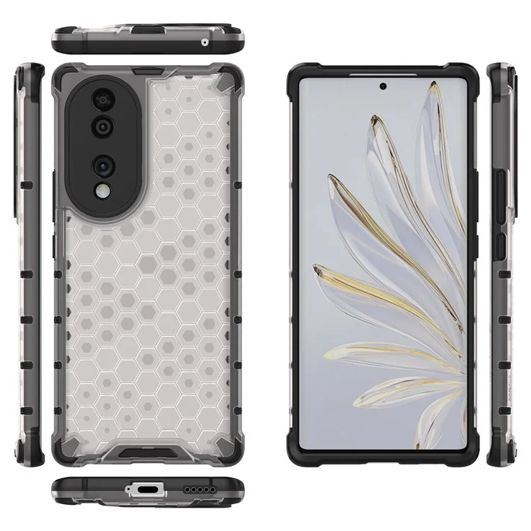 Honeycomb Textured Phone Case for Honor 70 5G, Reinforced Corners Soft TPU + Hard PC Hybrid Cover - Grey