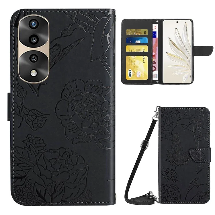 Para Honor 70 Pro 5G / 70 Pro+ 5g HT03 Impresso Flores de Borboleta Capa de Telefone de Pele de Couro pu de Couro de Couro Com Alça de Ombro Com Alça de Ombro - Preto