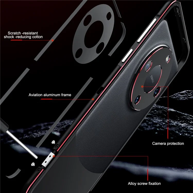 Para Huawei Mate 60 Pro Anti-drop Bumper Case Shockproof Aluminum Alloy Frame with Lens Cover - Preto / Vermelho