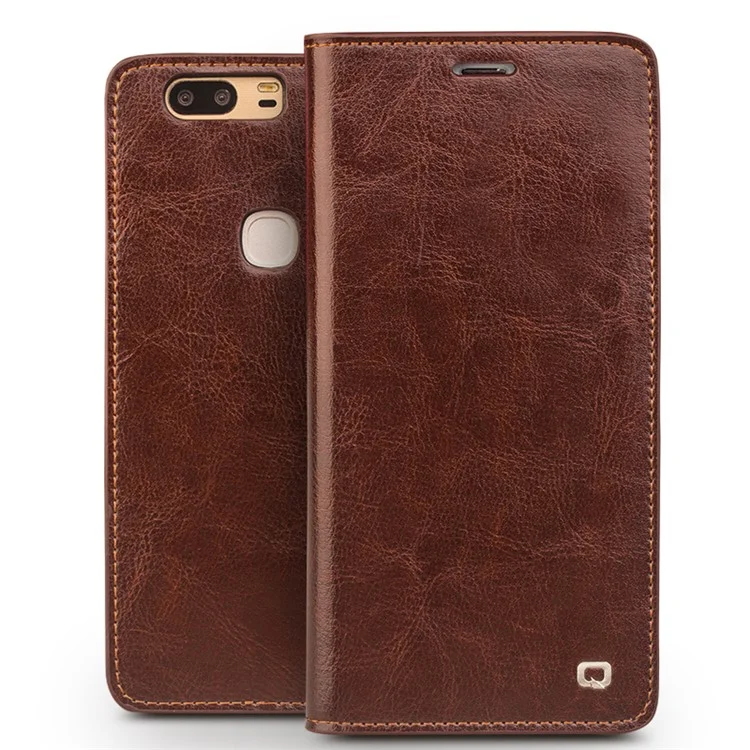 QIALINO Genuine Cowhide Leather Flip Case for Huawei Honor V8 - Brown