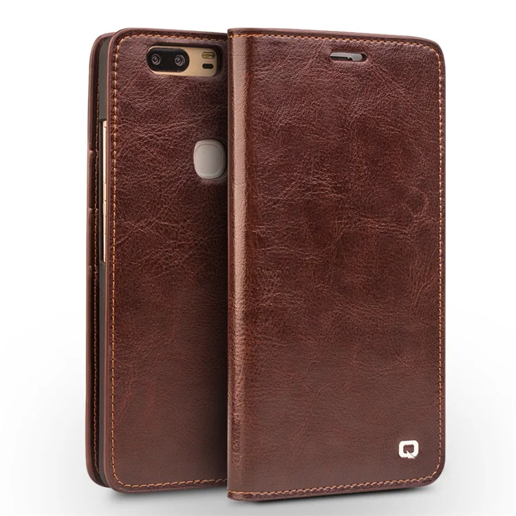 QIALINO Genuine Cowhide Leather Flip Case for Huawei Honor V8 - Brown
