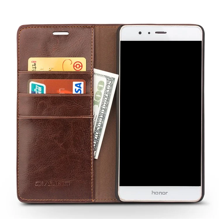 QIALINO Genuine Cowhide Leather Flip Case for Huawei Honor V8 - Brown