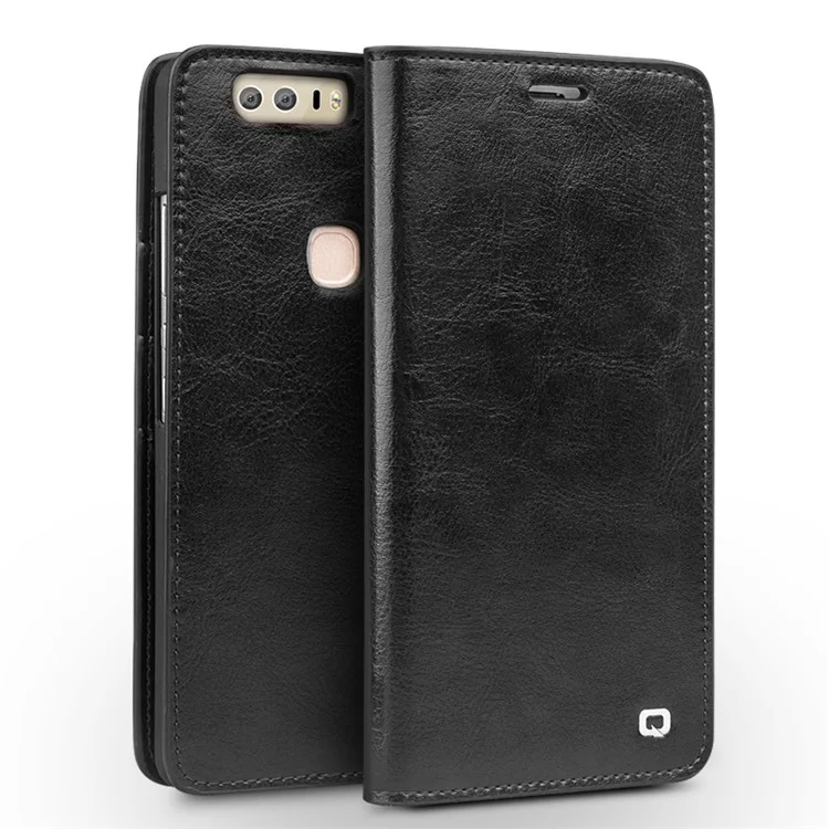 QIALINO Genuine Leather Wallet Crazy Horse Grain Case for Huawei Honor 8 - Black