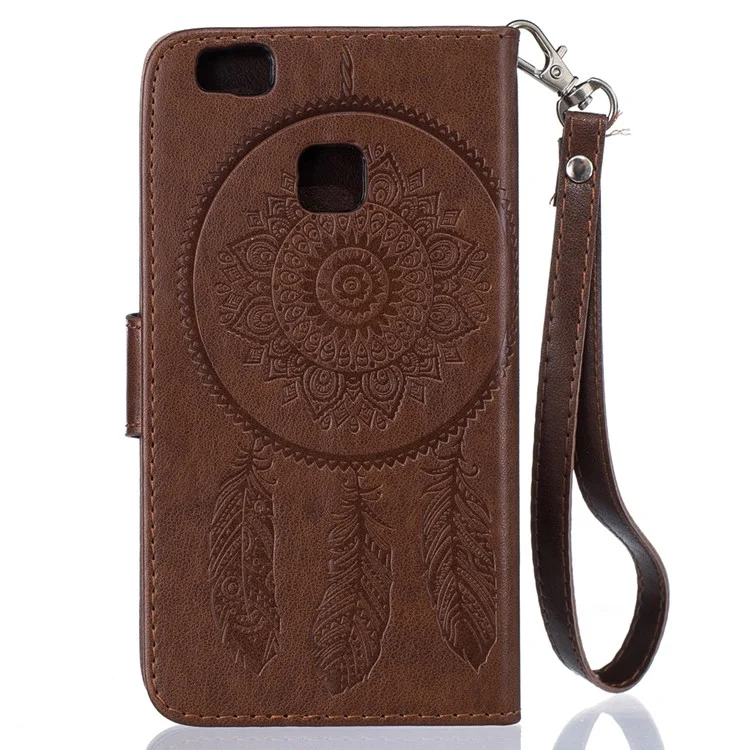 Imprint Dream Catcher Magnetic Leather Wallet Case for Huawei P9 Lite - Brown