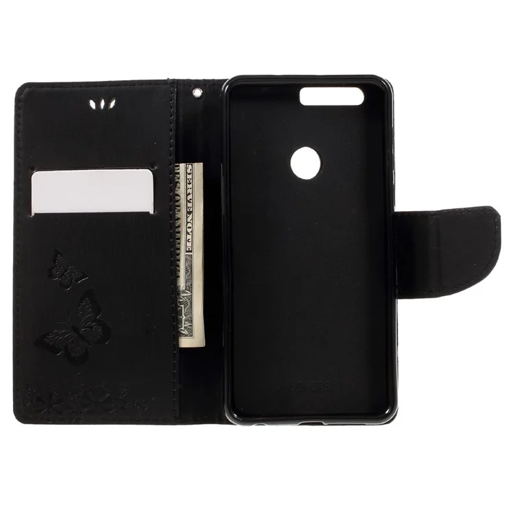 Imprinted Leather Wallet Stand Case for Huawei Honor 8 - Black