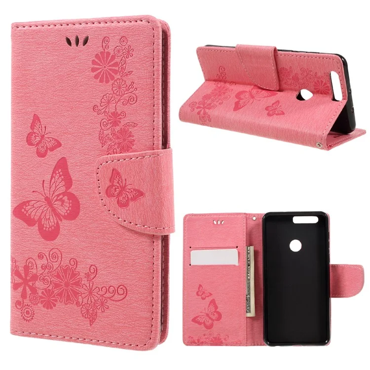 Imprinted Leather Wallet Phone Case for Huawei Honor 8 - Pink