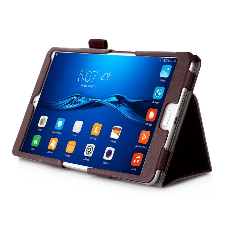 Leather Card Slot Stand Shell with Elastic Strap for Huawei MediaPad M3 8.4 - Brown