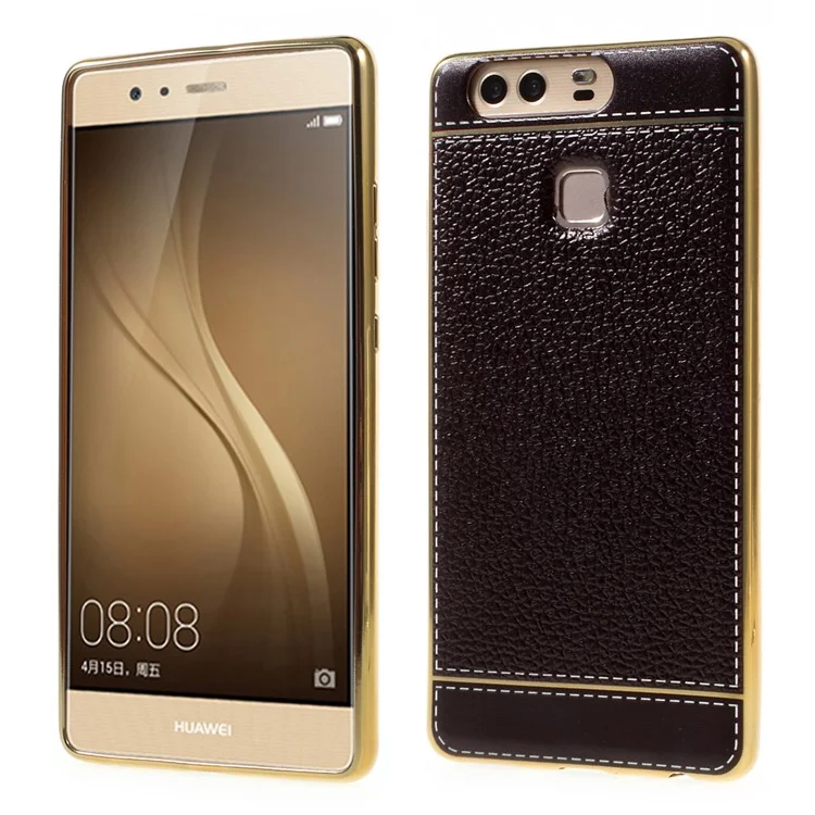 PU Leather Coated Plating TPU Case for Huawei P9 - Coffee