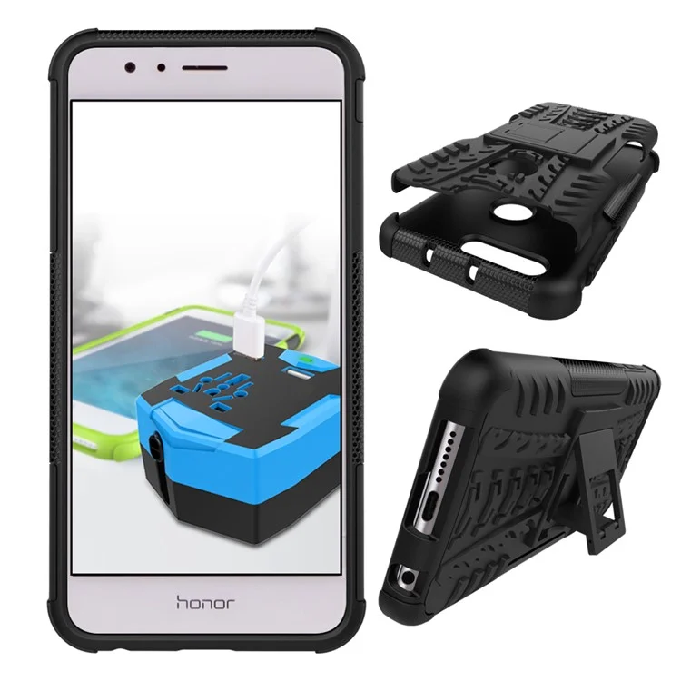 Anti-slip PC + TPU Hybrid Case with Kickstand for Huawei Honor 8 - Black