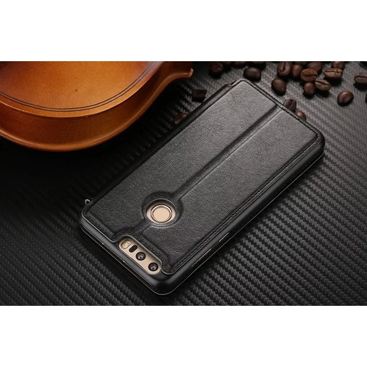 For Huawei Honor 8 View Window Stand Leather Case Cover - Black