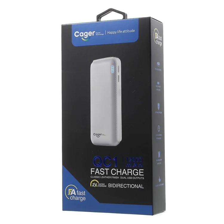 CAGER QC1 12000mAh Quick Charge 2.0 Power Bank with Dual USB Output for iPhone Samsung Huawei - Black