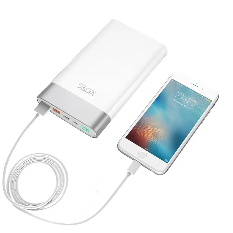 VINSIC QC3.0 20000mAh 2-USB + Type-C Outputs Power Bank Battery Charger for iPhone Samsung Huawei - White