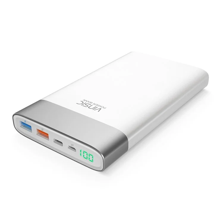 VINSIC QC3.0 20000mAh 2-USB + Type-C Outputs Power Bank Battery Charger for iPhone Samsung Huawei - White