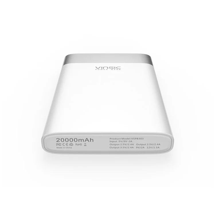 VINSIC QC3.0 20000mAh 2-USB + Type-C Outputs Power Bank Battery Charger for iPhone Samsung Huawei - White