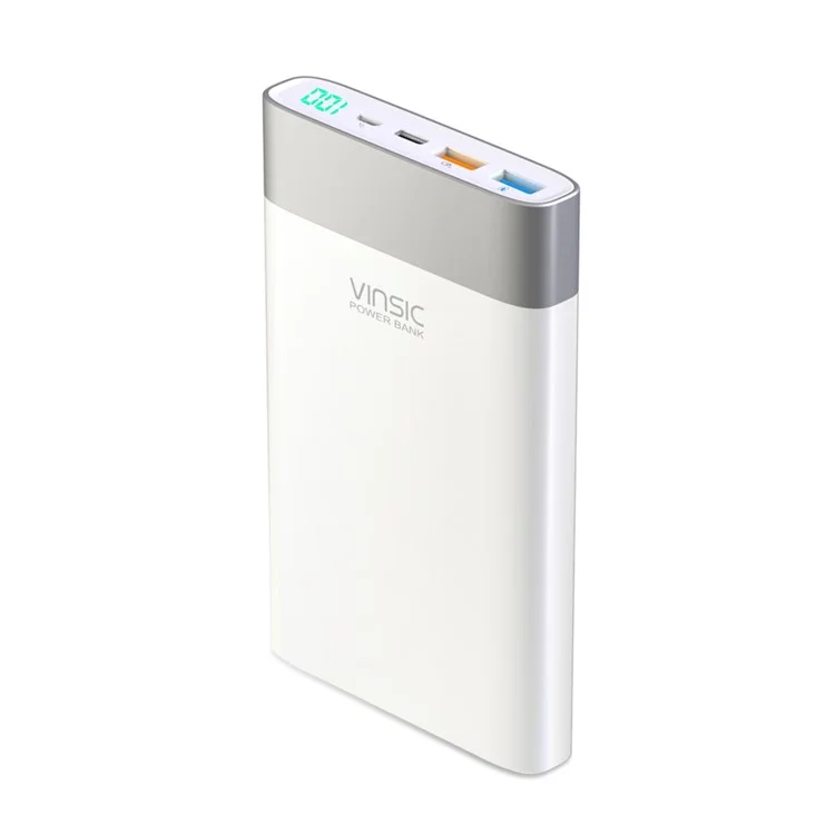 VINSIC QC3.0 20000mAh 2-USB + Type-C Outputs Power Bank Battery Charger for iPhone Samsung Huawei - White