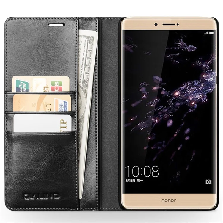 QIALINO Crazy Horse Genuine Leather Wallet Stand Case for Huawei Honor Note 8 - Black