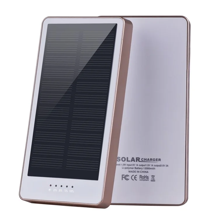 12000mAh 14mm Thin Dual USB Monocrystalline Silicon Solar Charger Power Bank - White